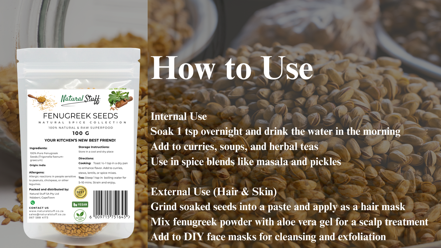 Fenugreek seeds packaging with usage instructions on a blurred background