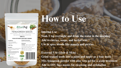 Fenugreek seeds packaging with usage instructions on a blurred background