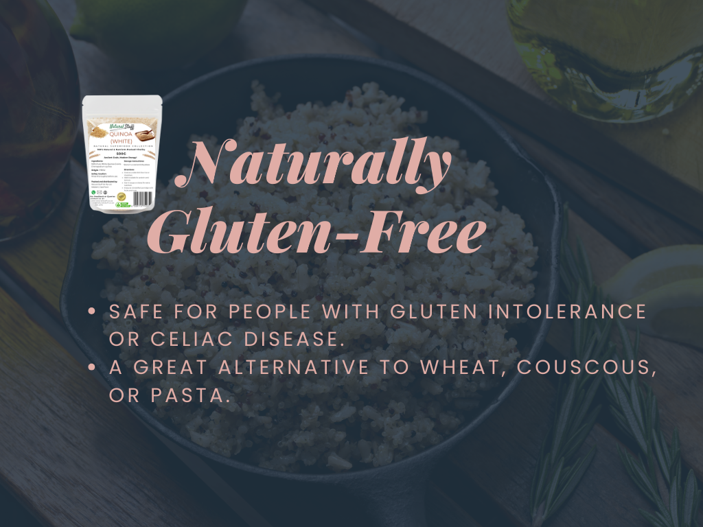 Gluten-free product with text highlighting its benefits on a blurred background