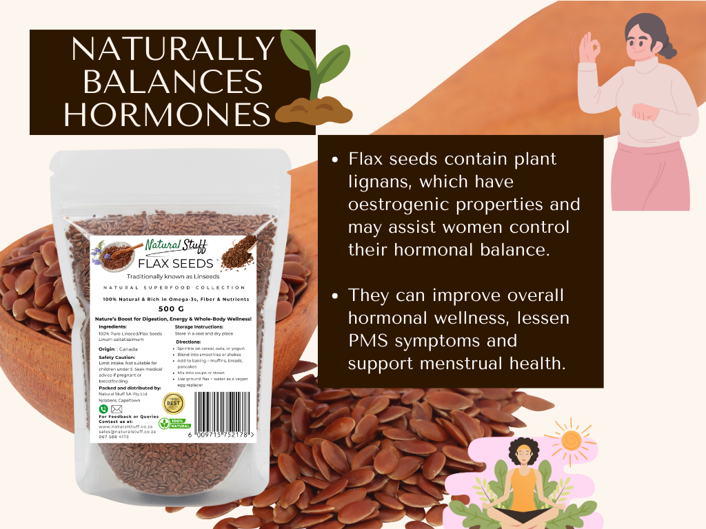 Flax seeds packaging with health benefits text on a white background