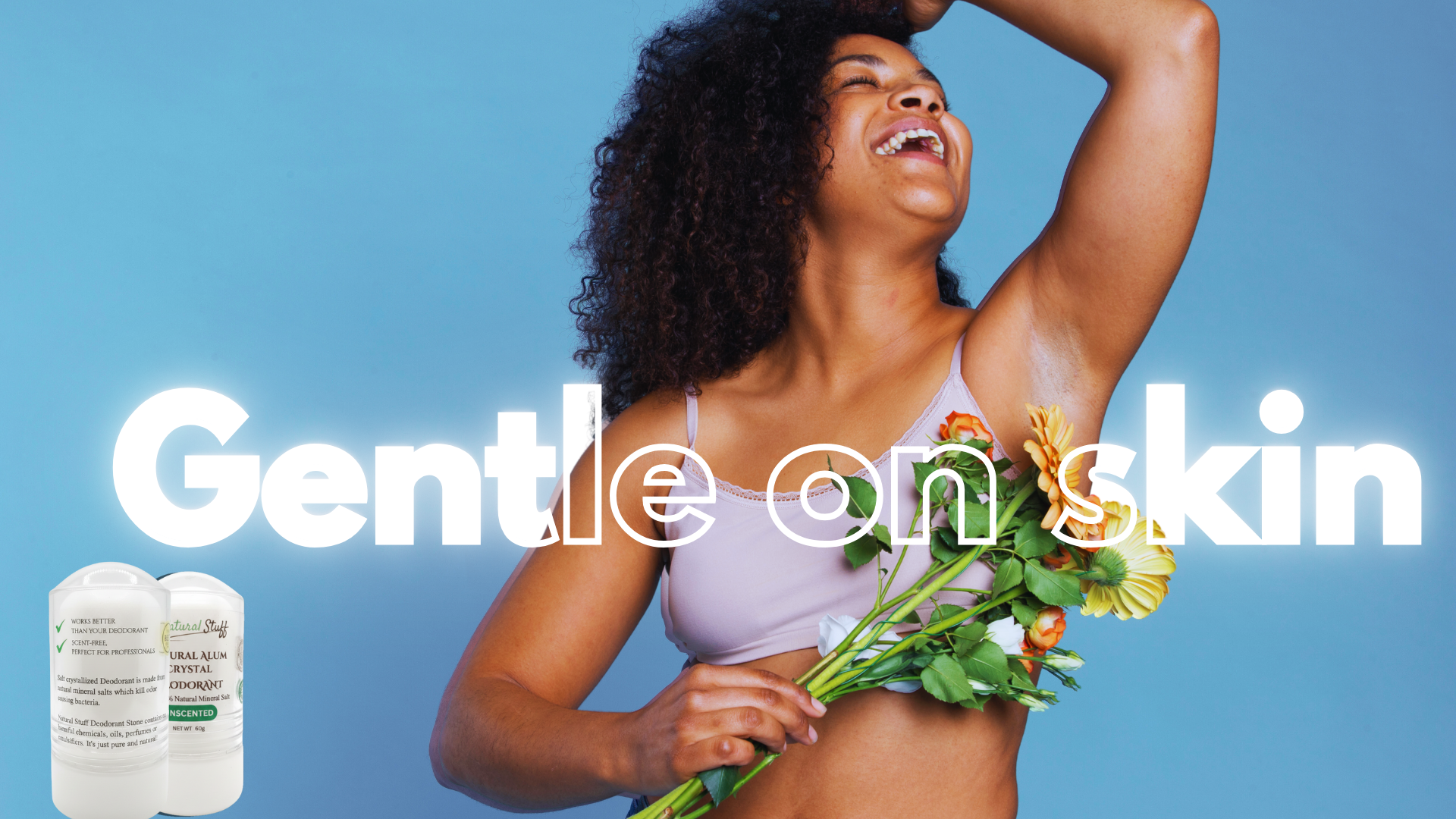 Woman holding flowers with 'Gentle on skin' text and skincare products on a blue background
