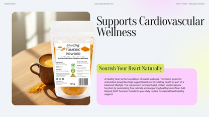 Turmeric powder package with a cup of tea on a wooden surface, labeled for cardiovascular wellness.