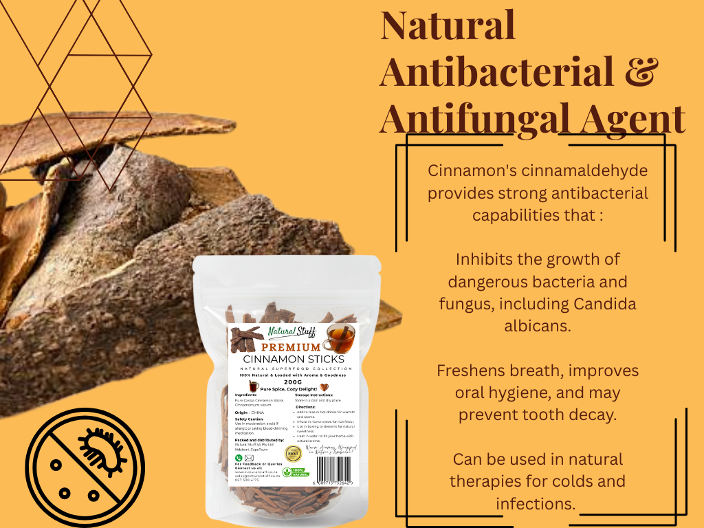 Cinnamon sticks and packaging with text about natural antibacterial and antifungal properties on a yellow background