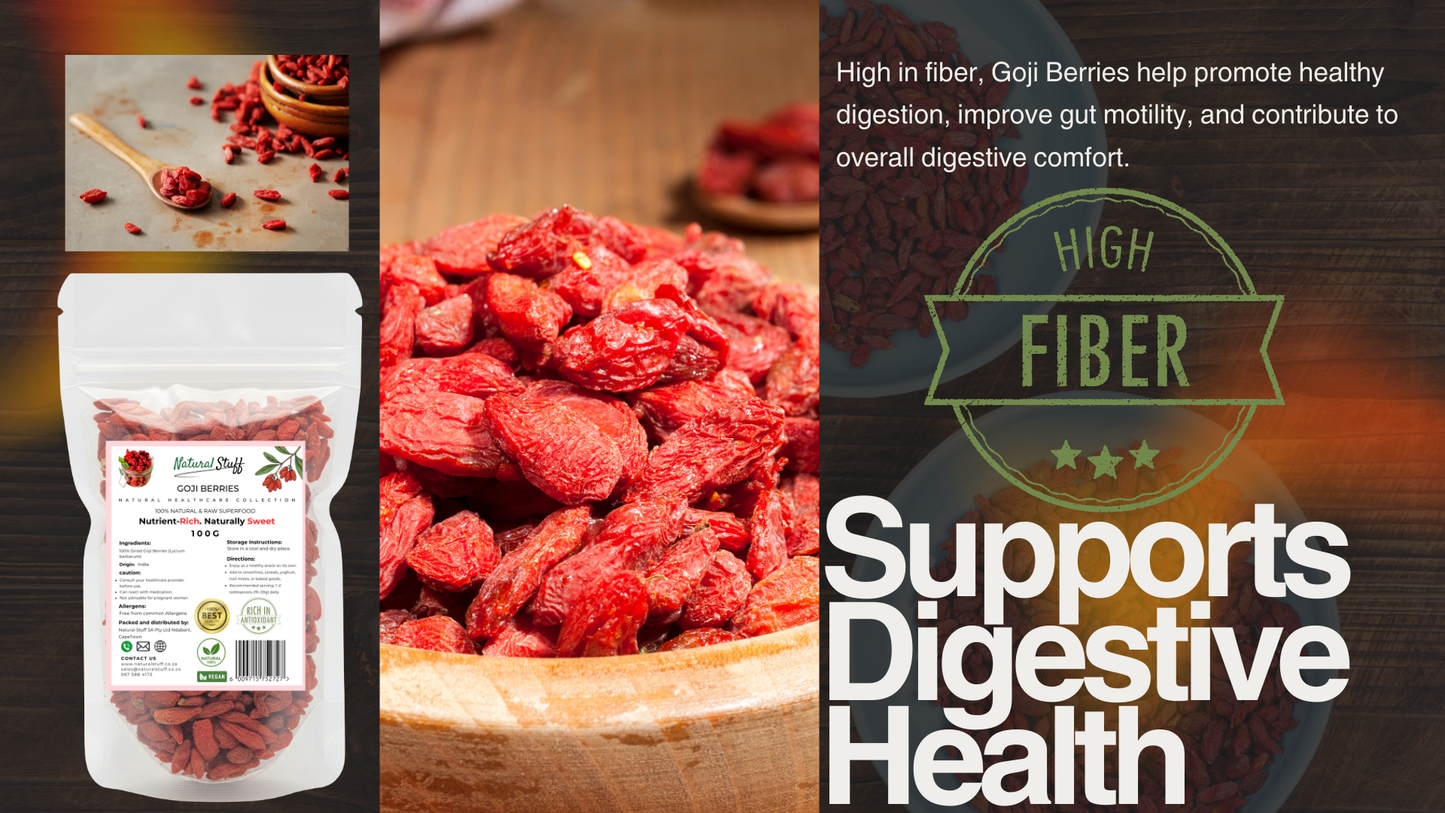 Goji berries with packaging, wooden bowl, and health benefits text on a dark background