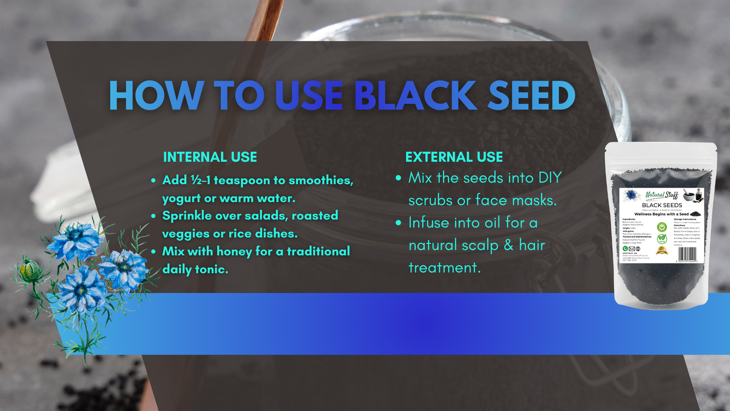 Instructions on how to use black seed with a product packaging in the background.