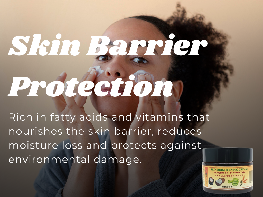 Person applying cream to face with text about skin barrier protection and product details.