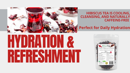 Hibiscus tea packaging with text about hydration, refreshment, and health benefits.