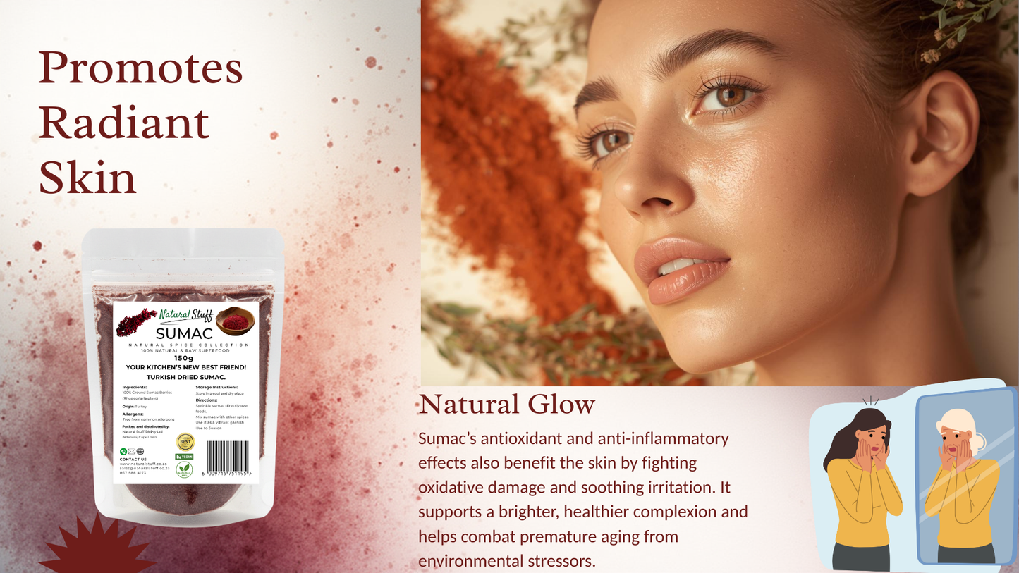 Sumac product packaging with a woman's face and text about natural glow and radiant skin.
