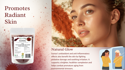 Sumac product packaging with a woman's face and text about natural glow and radiant skin.