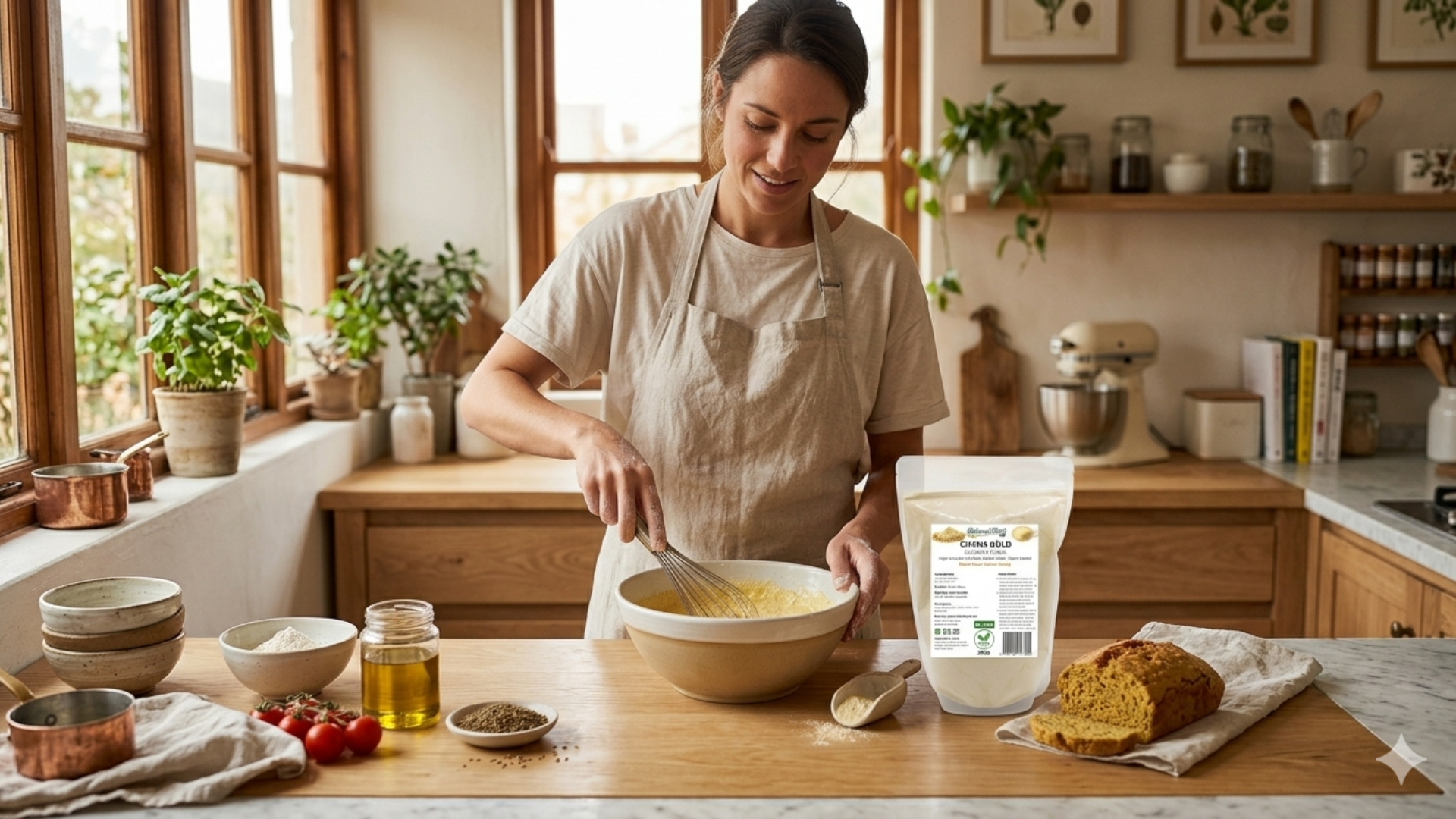 Woman in a kitchen preparing food with a bag of flour on the counter.
