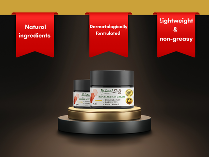 Jars of cream with 'Natural Ingredients', 'Dermatologically Formulated', and 'Lightweight & Non-Greasy' text on a dark background.