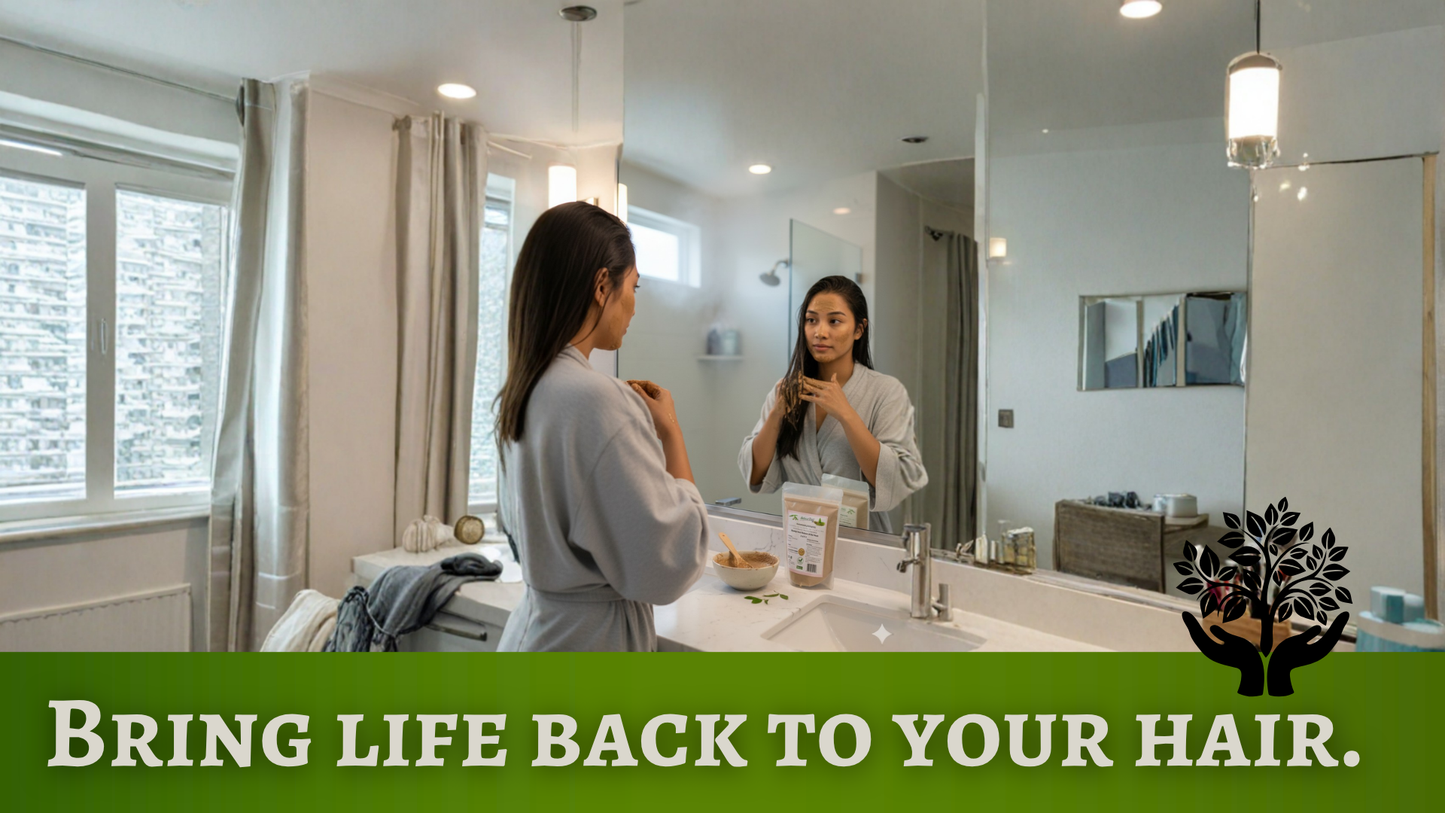 Woman in a bathroom applying hair product, with text 'Bring life back to your hair' on a green banner.