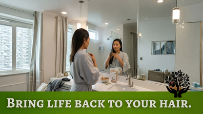 Woman in a bathroom applying hair product, with text 'Bring life back to your hair' on a green banner.