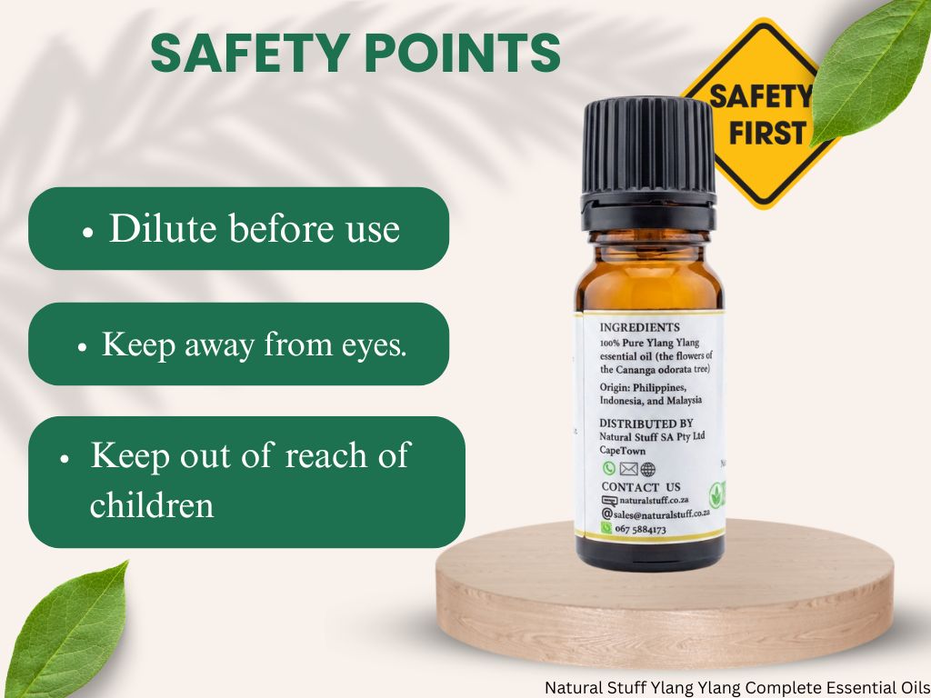 Essential oil bottle with safety instructions on a white background