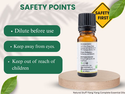 Essential oil bottle with safety instructions on a white background