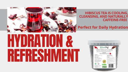 Hibiscus tea packaging with a glass of tea and dried hibiscus flowers, labeled for hydration and refreshment.