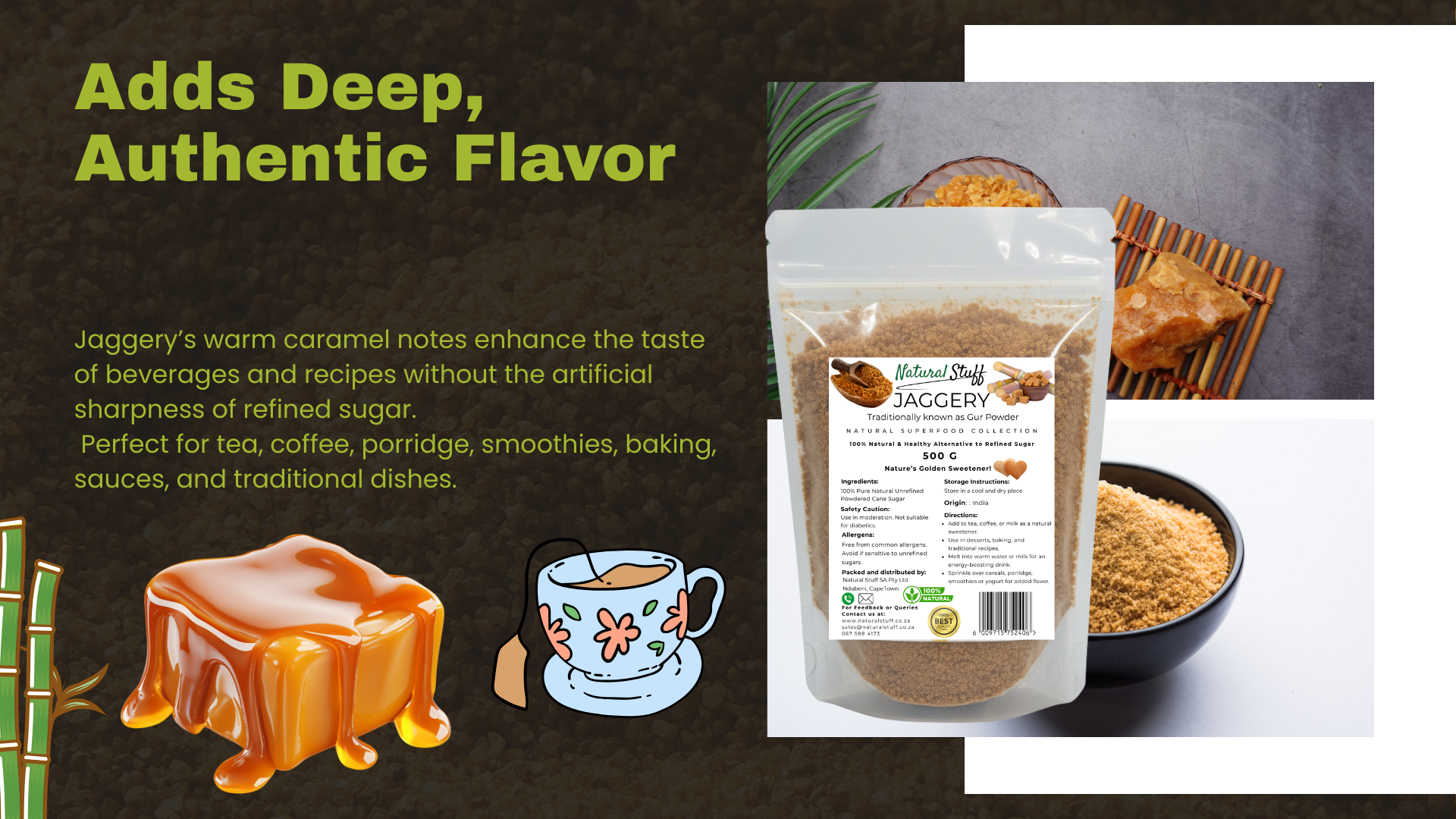 Jaggery product packaging with text about its flavor and uses on a dark background.