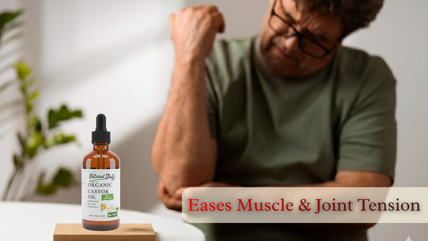 Bottle of Organic Extra Virgin Olive Oil with a man holding his head, text 'Eases Muscle & Joint Tension'.
