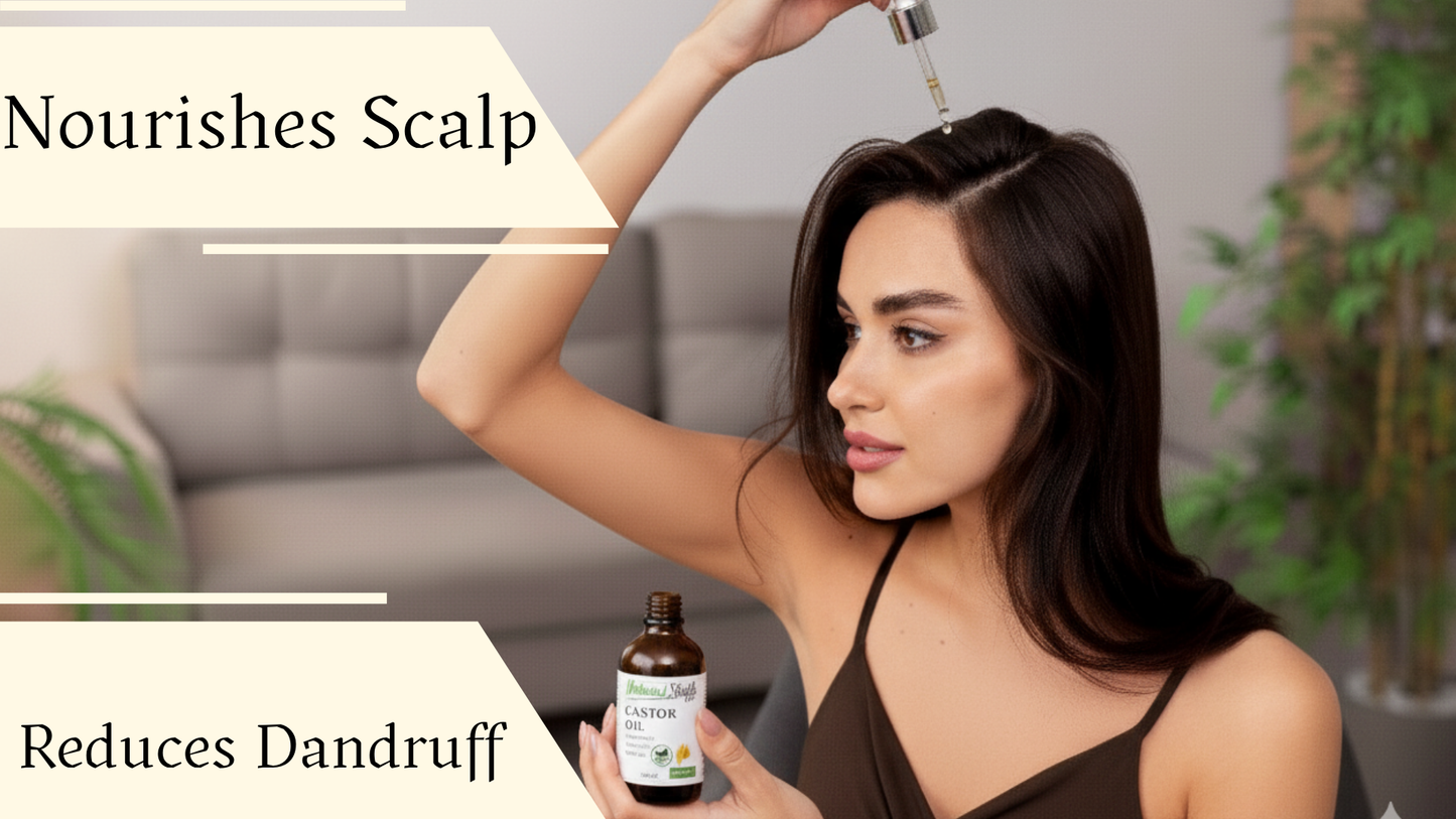 Woman applying a hair care product to her scalp with text highlighting benefits