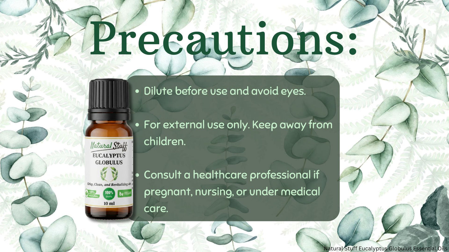 Bottle of essential oil with precautions text on a green leafy background