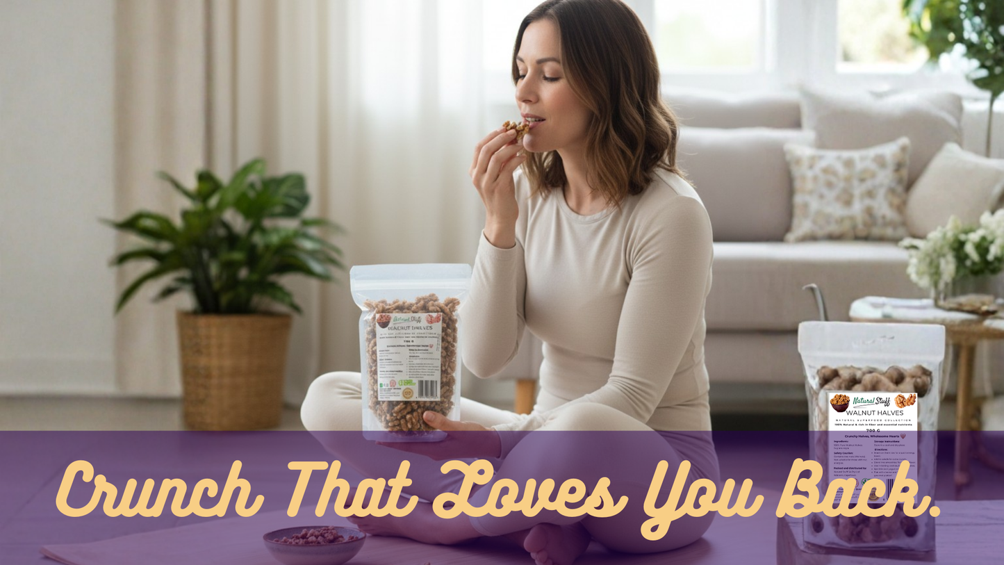 Woman eating snacks from a bag with a living room background, featuring the text 'Crunch That Loves You Back'.