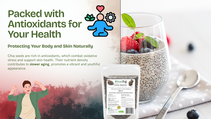 Chia seed packaging with a glass of chia pudding and berries, labeled 'Packed with Antioxidants for Your Health'.
