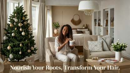 Woman sitting in a living room with a Christmas tree, holding a cup.