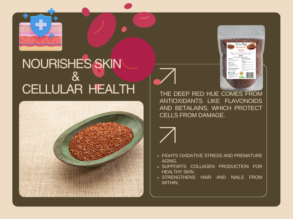 Product packaging with text about skin nourishment and health benefits on a beige background
