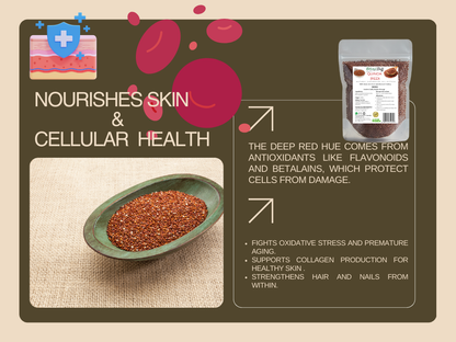 Product packaging with text about skin nourishment and health benefits on a beige background