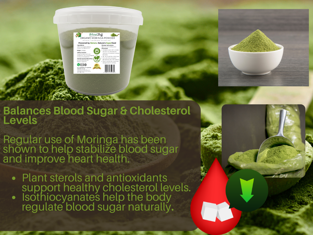 Moringa product with health benefits text and images of moringa powder and greens.