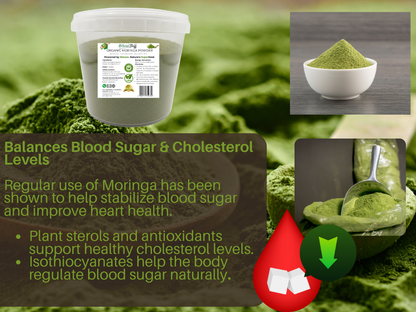 Moringa product with health benefits text and images of moringa powder and greens.