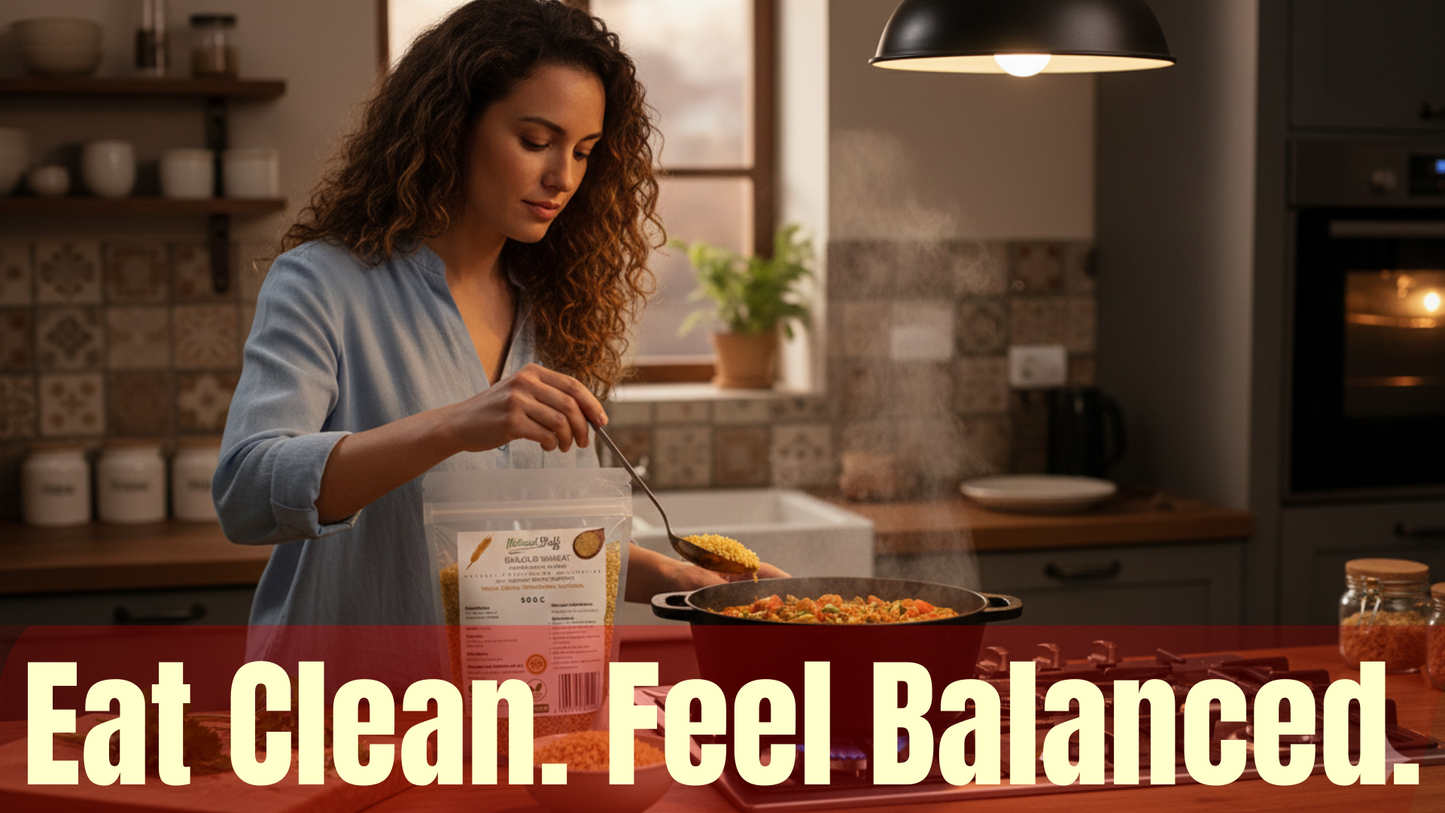 Woman cooking in a kitchen with a container labeled 'Eat Clean. Feel Balanced.'