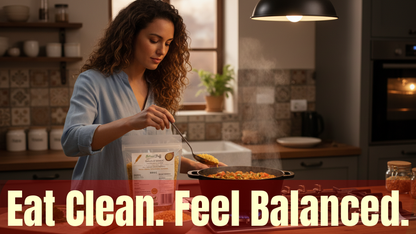 Woman cooking in a kitchen with a container labeled 'Eat Clean. Feel Balanced.'