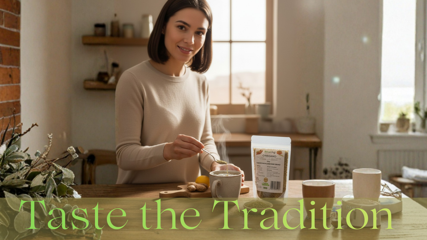 Woman in a kitchen preparing a cup of tea with text 'Taste the Tradition' displayed.