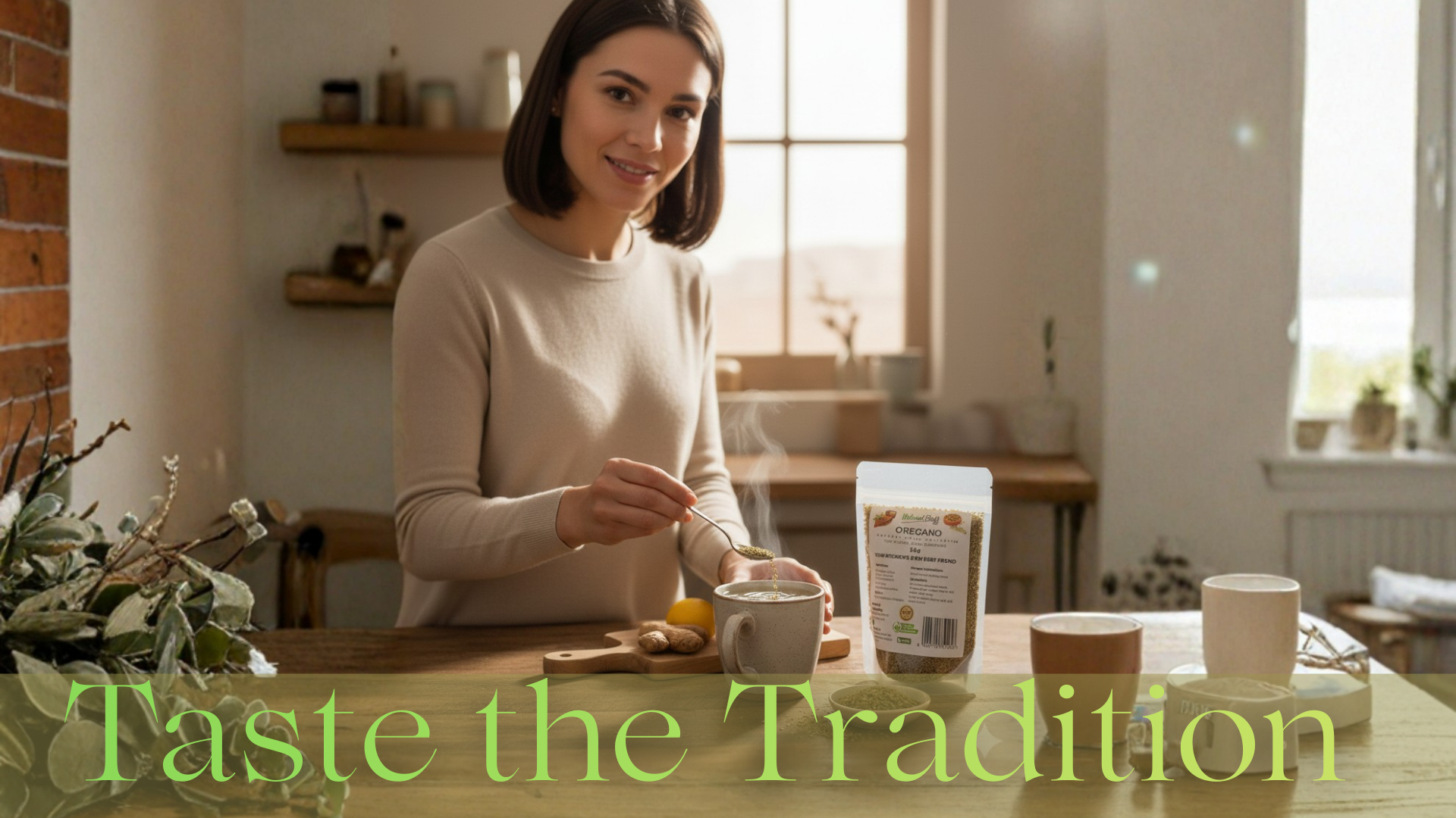 Woman in a kitchen preparing a cup of tea with text 'Taste the Tradition' displayed.