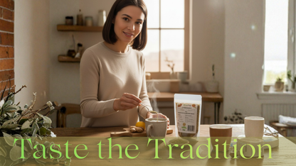 Woman in a kitchen preparing a cup of tea with text 'Taste the Tradition' displayed.