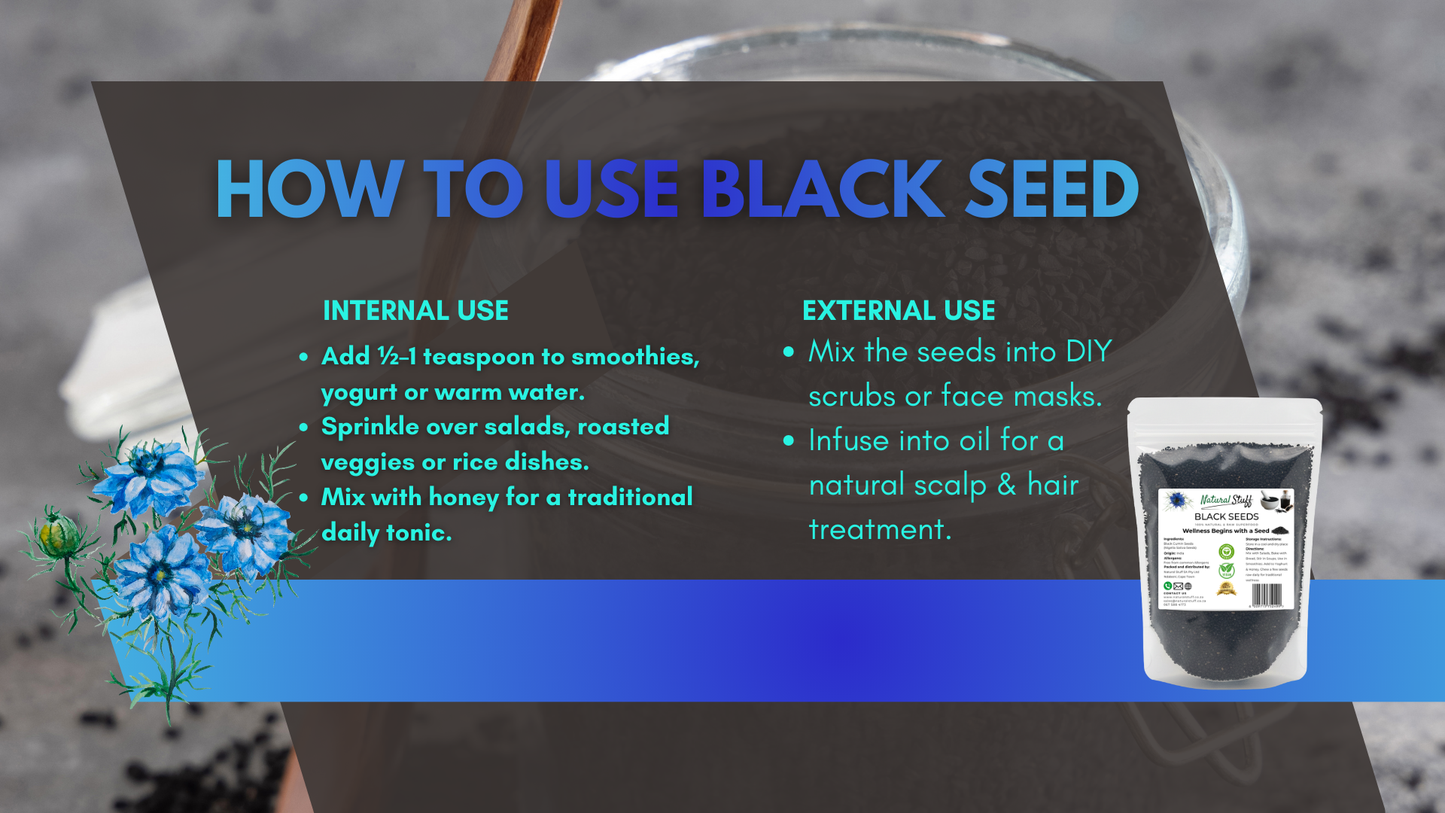 Instructions on how to use black seed with a product image on a dark background