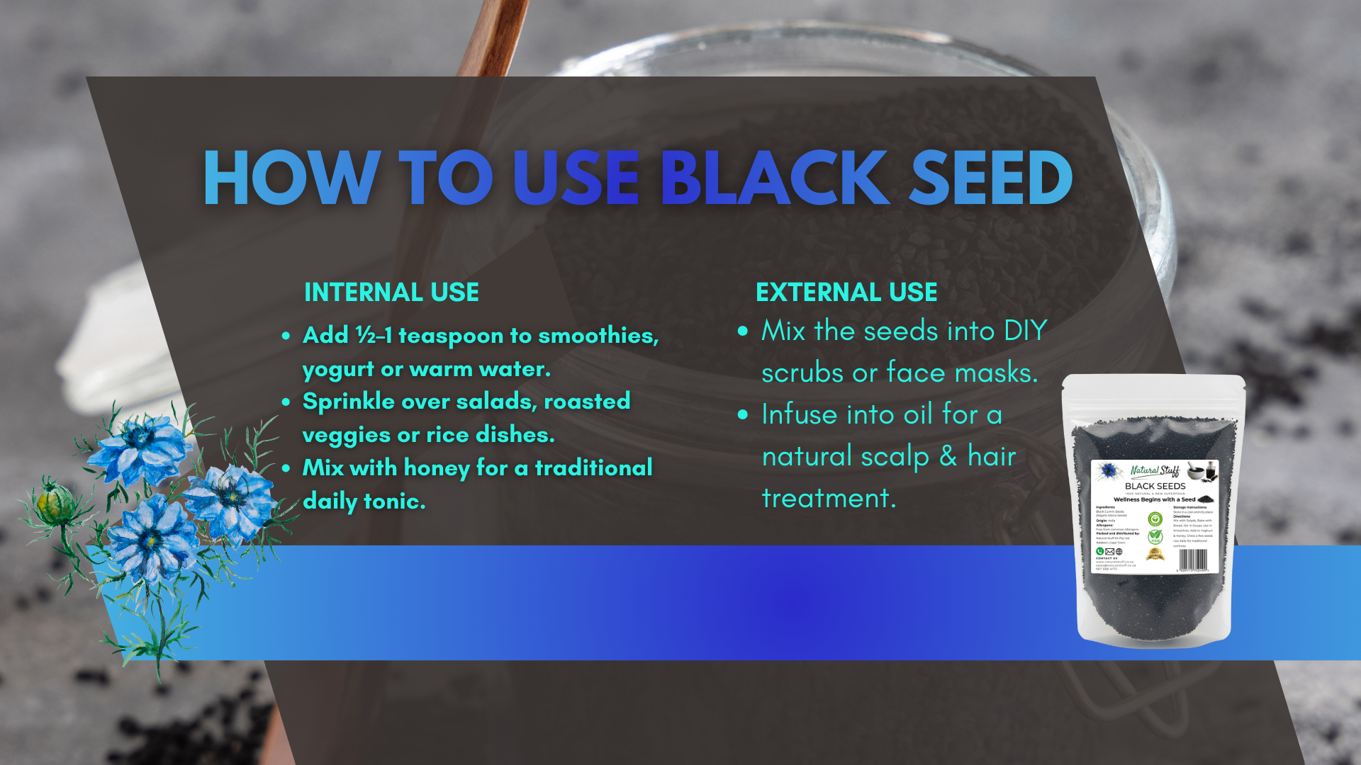 Instructions on how to use black seed with a product image on a dark background