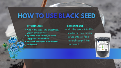 Instructions on how to use black seed with a product image on a dark background