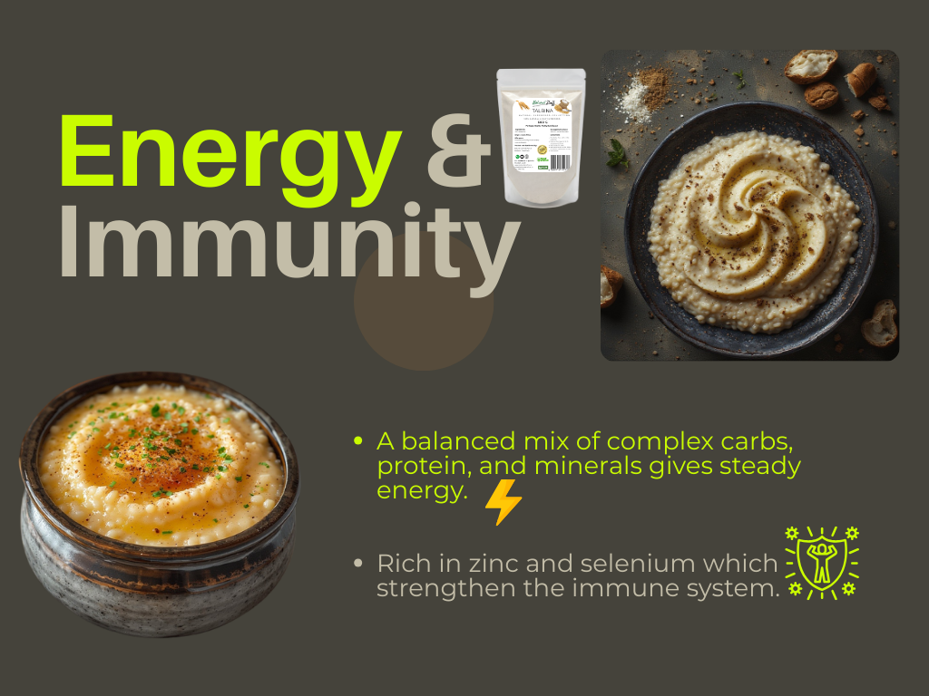 Product packaging with text highlighting energy and immunity benefits on a dark background