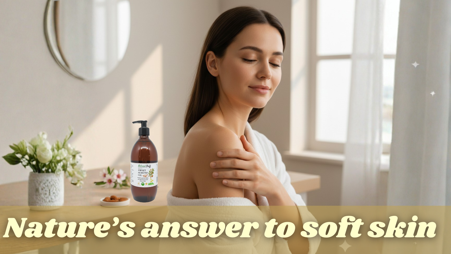 Woman applying lotion to her shoulder with a bottle of lotion on a table in the foreground, text 'Nature's answer to soft skin' at the bottom.