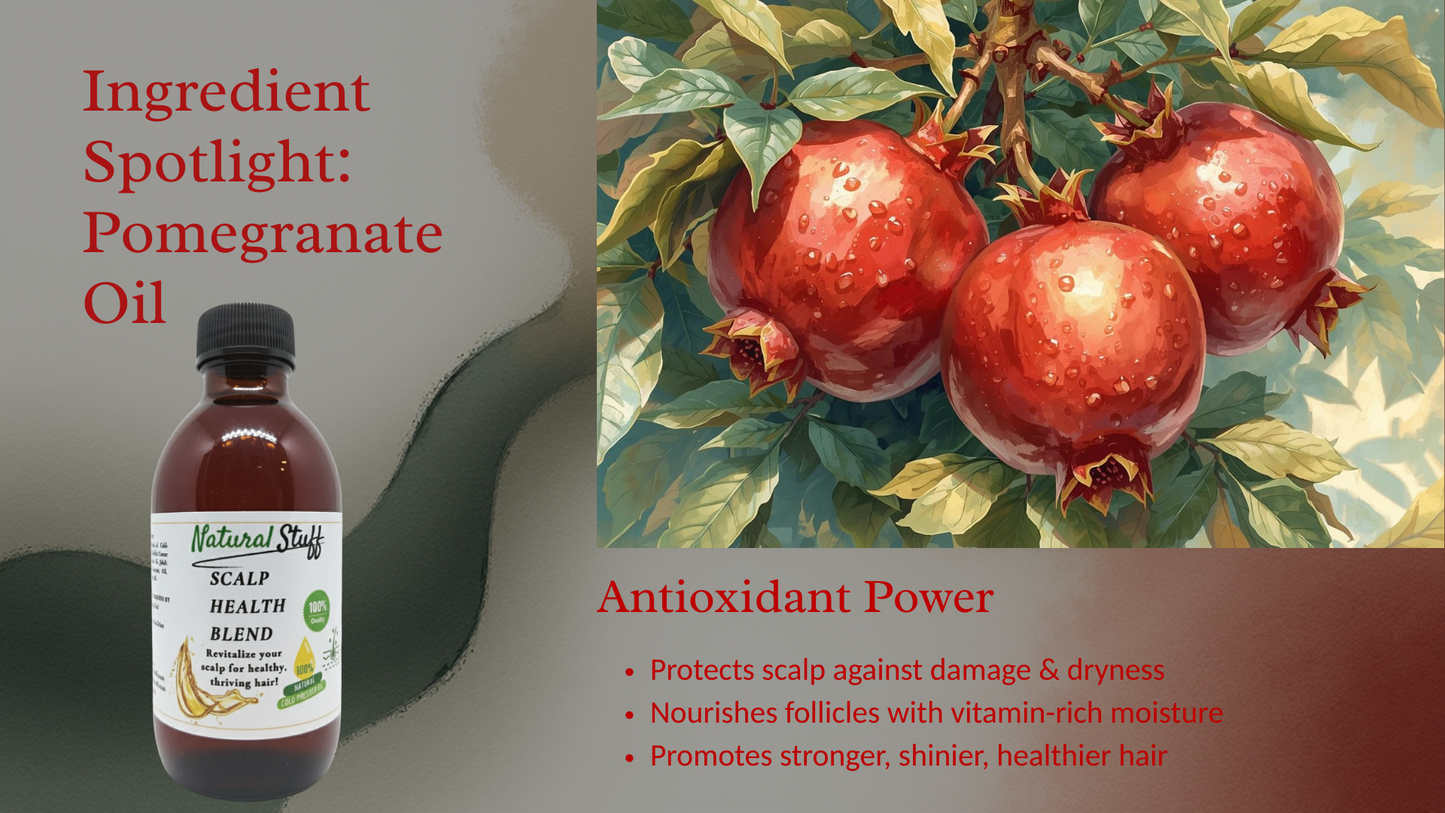 Pomegranate oil bottle with pomegranates on a branch, featuring text about its benefits.