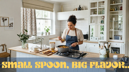 Woman cooking in a modern kitchen with text 'Small Spoon, Big Flavor'.