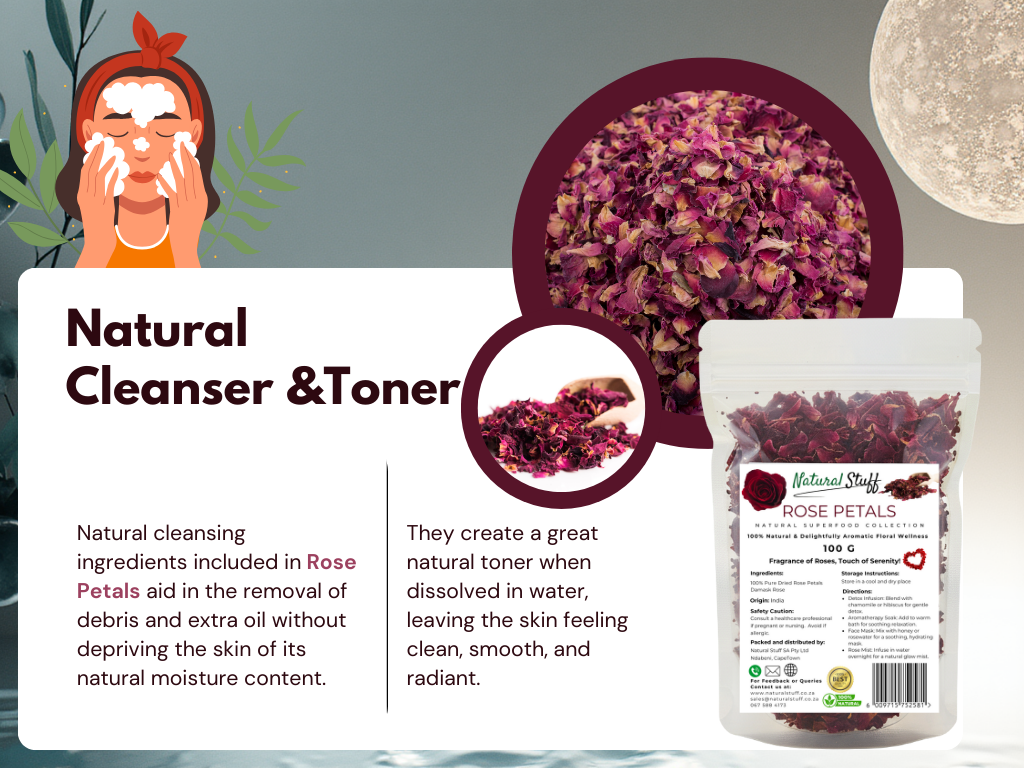 Rose petal cleanser and toner packaging with text and illustrations on a gradient background