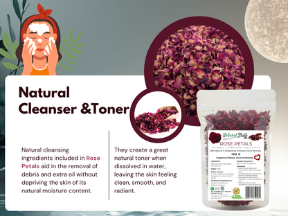 Rose petal cleanser and toner packaging with text and illustrations on a gradient background
