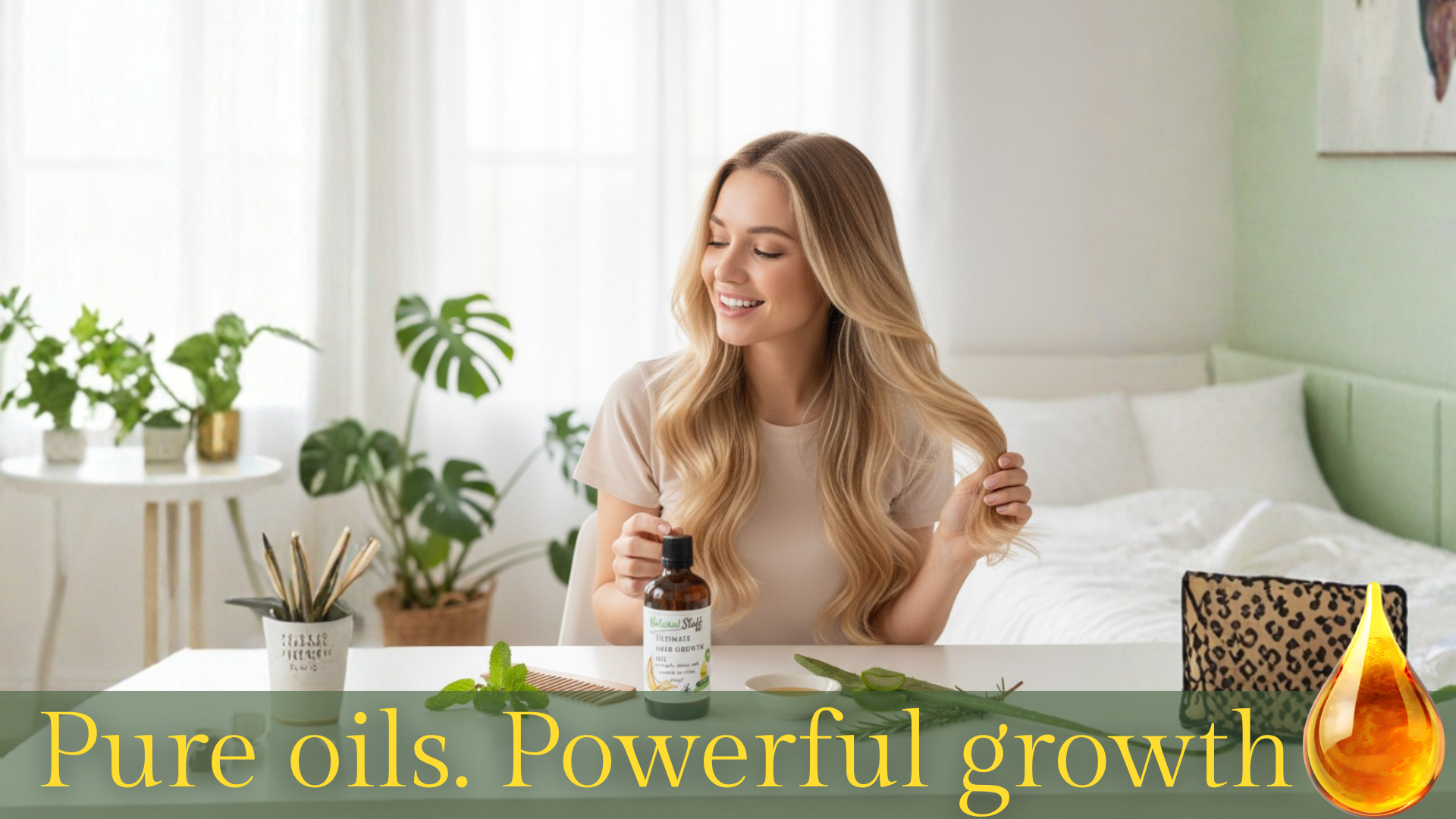 Woman with long blonde hair sitting on a bed holding a bottle of essential oil with plants and a table in the background.
