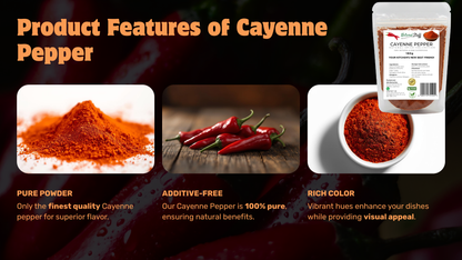 Product features of Cayenne Pepper with images and text on a dark background