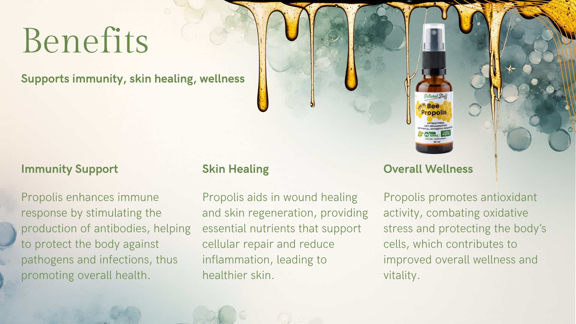 Product bottle with benefits listed on a green and brown gradient background