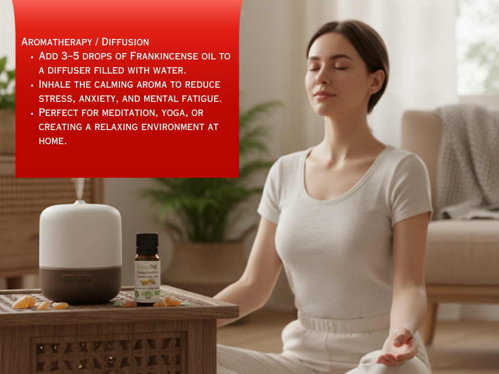 Woman meditating with an essential oil diffuser and bottle on a table, surrounded by plants.