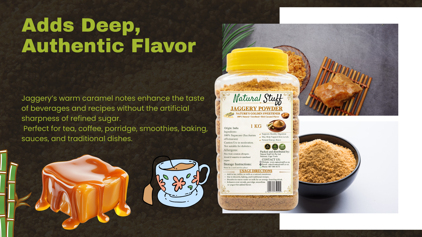 Jaggery powder packaging with text and illustrations on a dark background